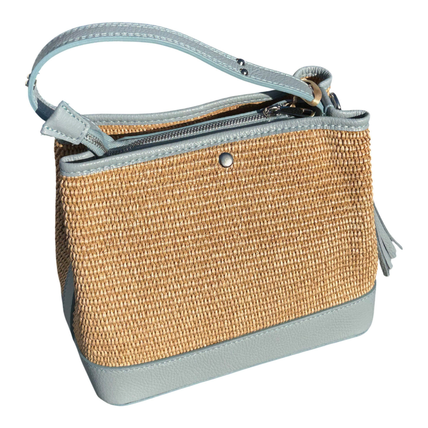 Bucket Bag Hellblau Echtleder Raffia Tasche Italien Sommer Handtasche Elegant Neu