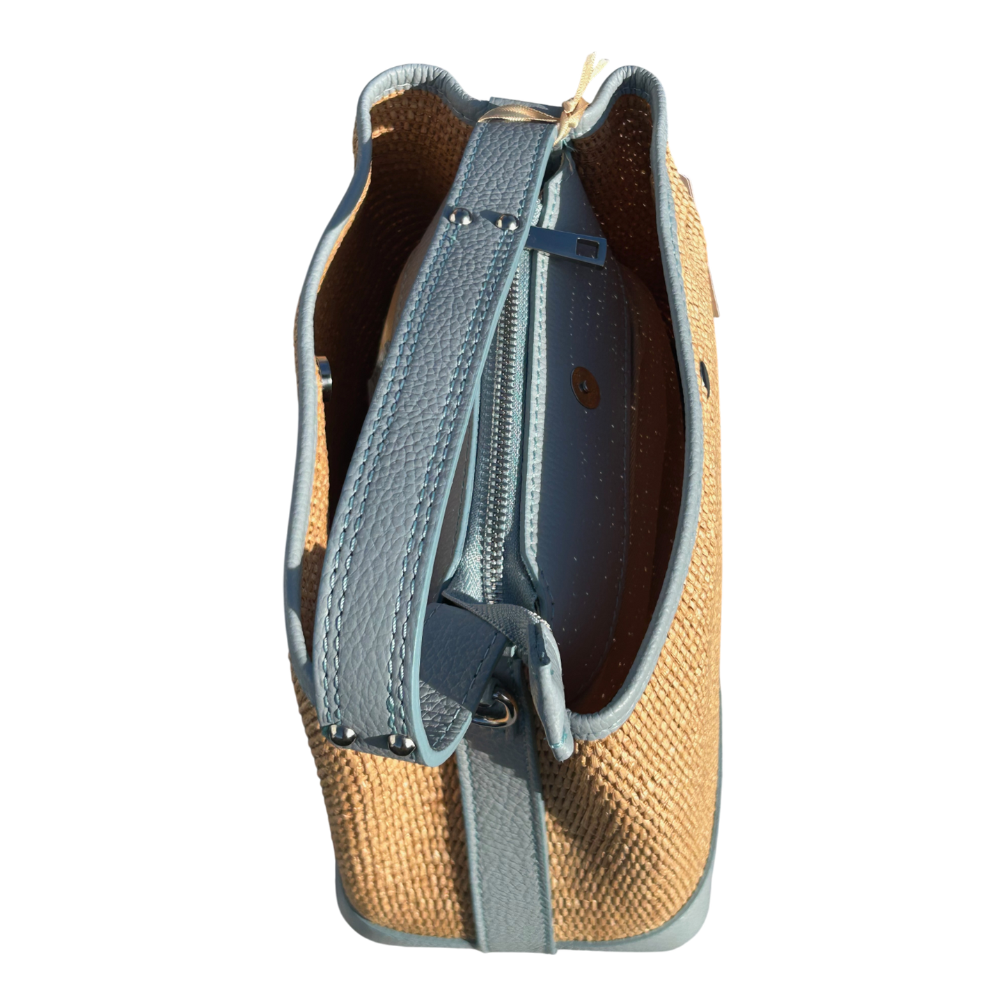 Bucket Bag Hellblau Echtleder Raffia Tasche Italien Sommer Handtasche Elegant Neu