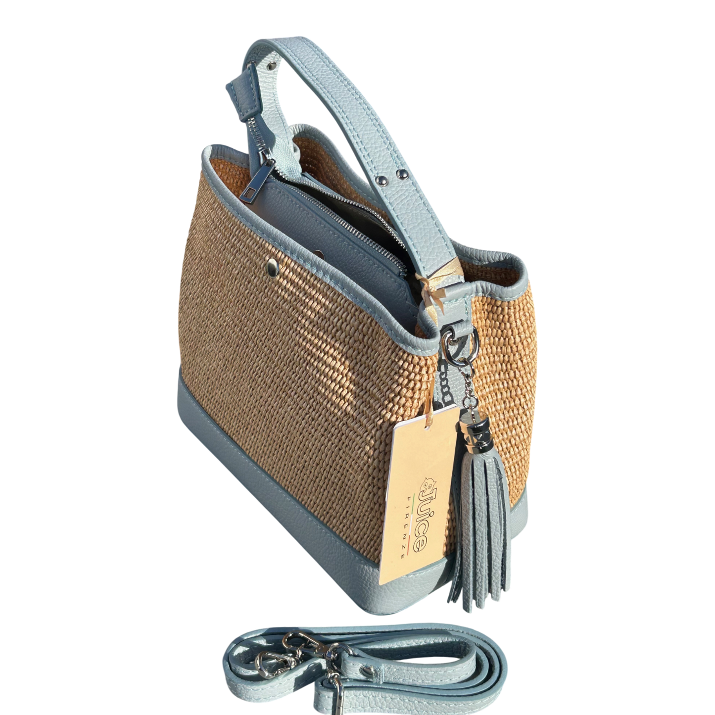 Bucket Bag Hellblau Echtleder Raffia Tasche Italien Sommer Handtasche Elegant Neu