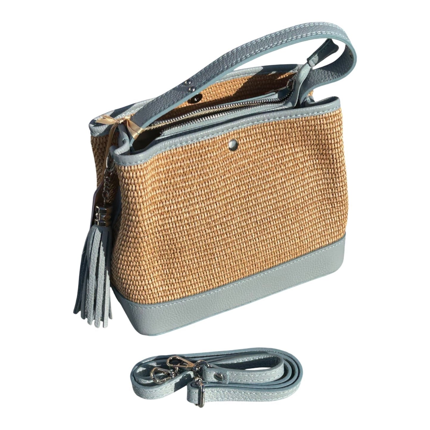 Bucket Bag Hellblau Echtleder Raffia Tasche Italien Sommer Handtasche Elegant Neu