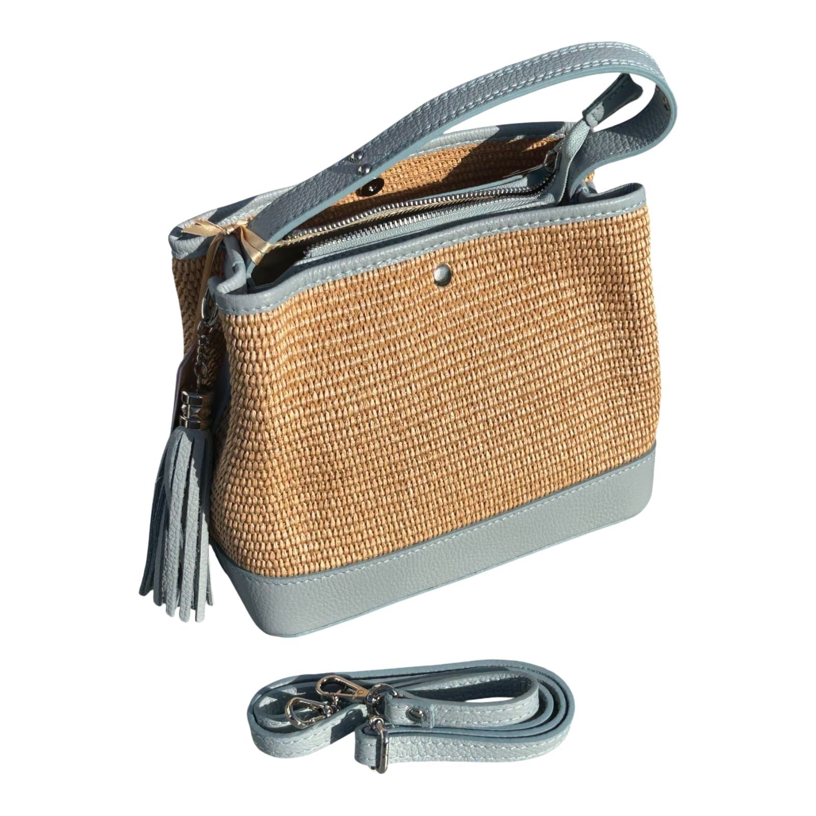 Bucket Bag Hellblau Echtleder Raffia Tasche Italien Sommer Handtasche Elegant Neu
