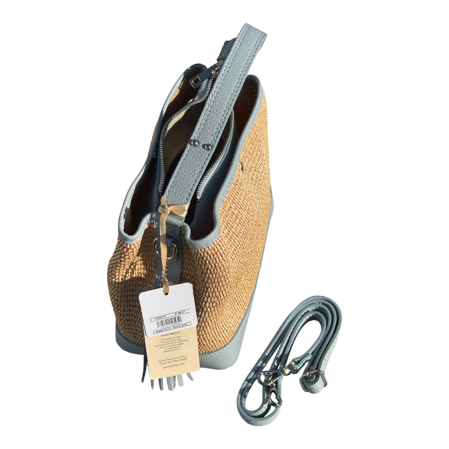 Bucket Bag Hellblau Echtleder Raffia Tasche Italien Sommer Handtasche Elegant Neu