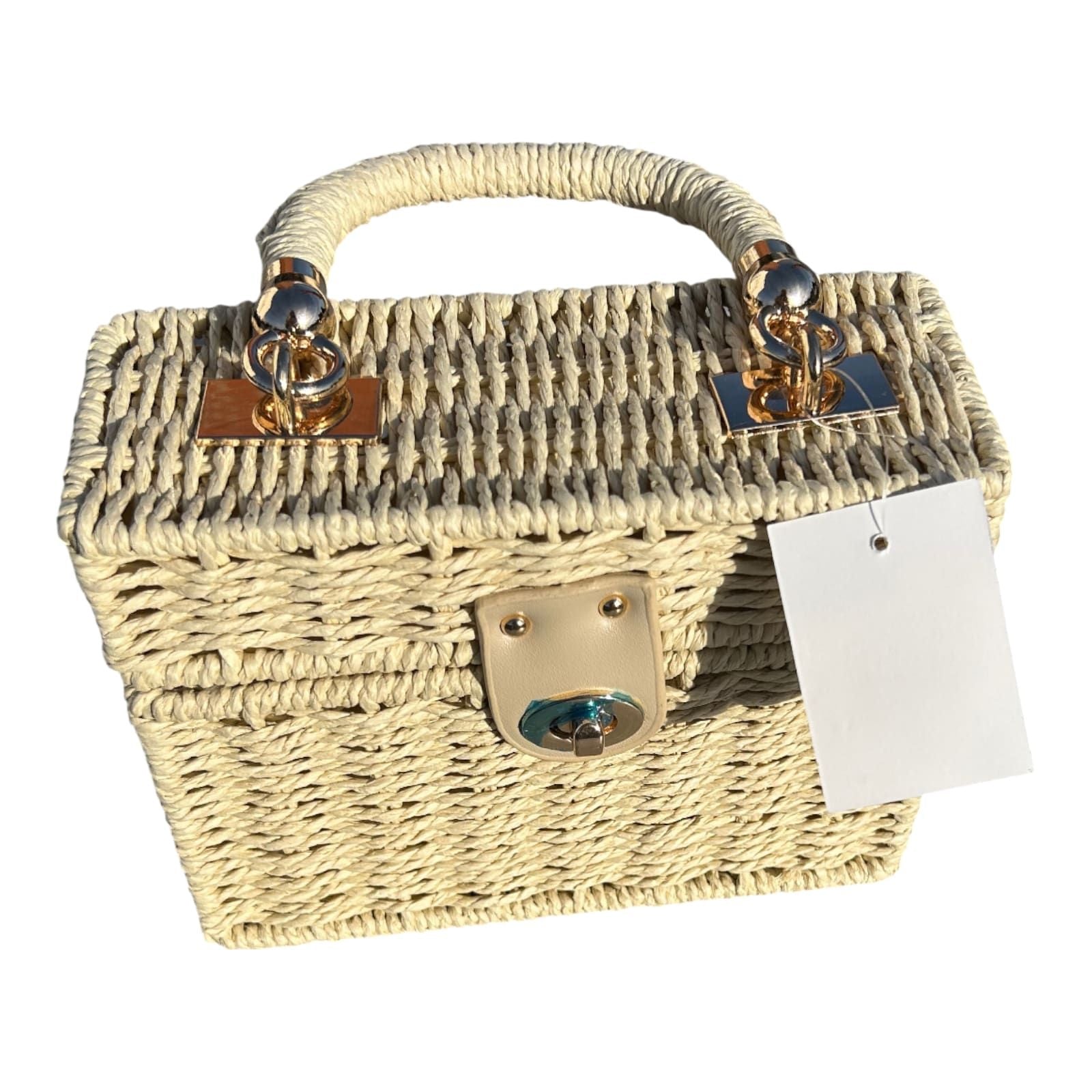 Strohtasche Sand Rechteckig Damen Tasche Sommer Korbtasche Drehverschluss Neu