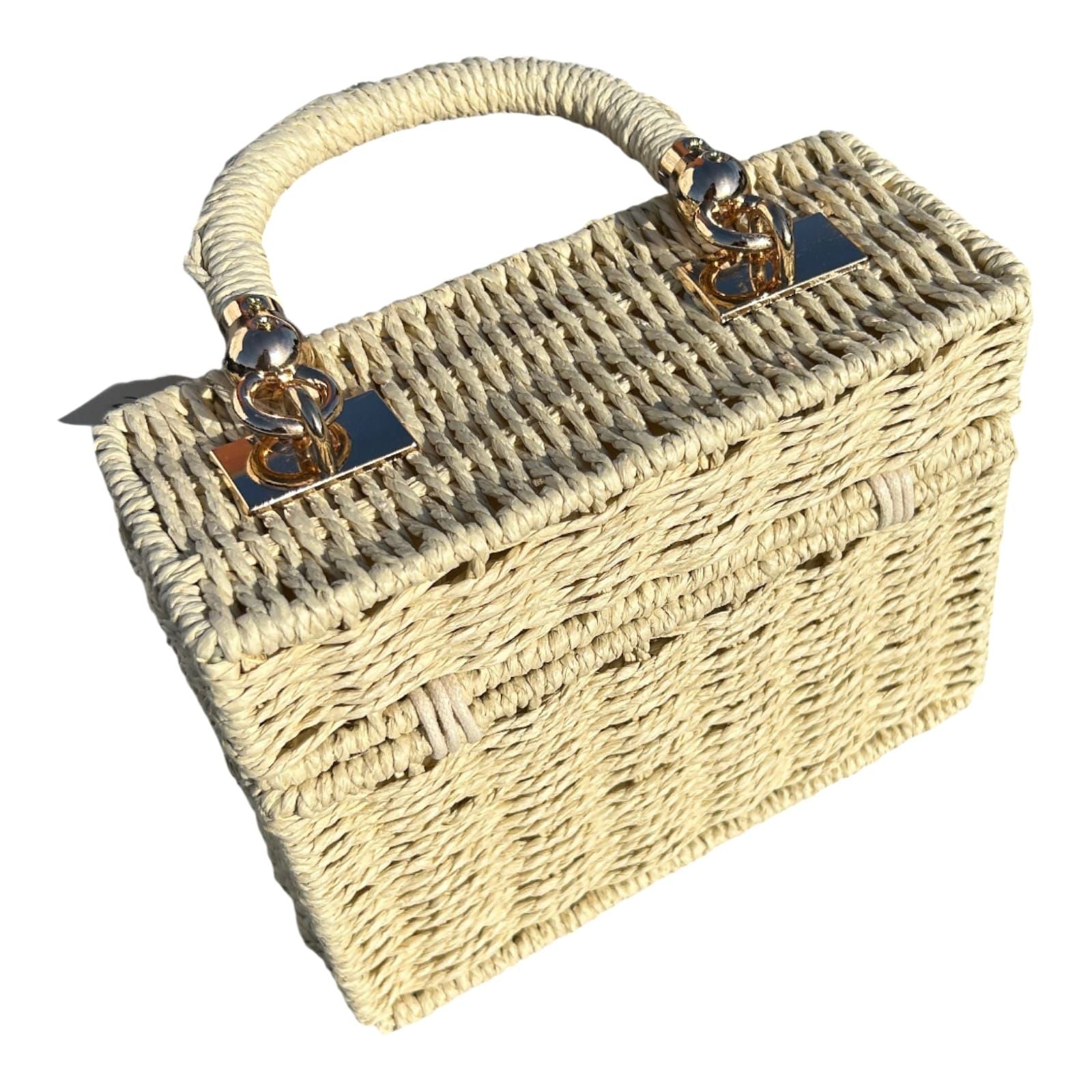 Strohtasche Sand Rechteckig Damen Tasche Sommer Korbtasche Drehverschluss Neu