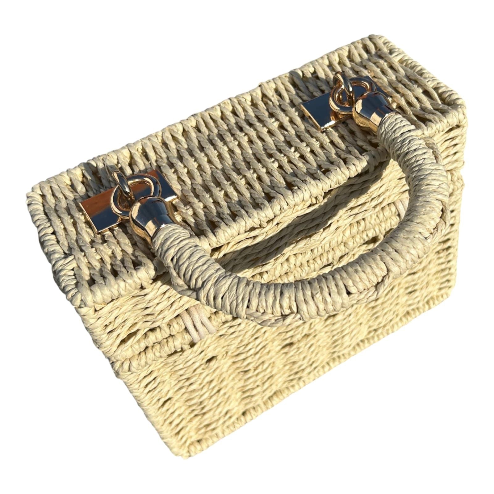 Strohtasche Sand Rechteckig Damen Tasche Sommer Korbtasche Drehverschluss Neu