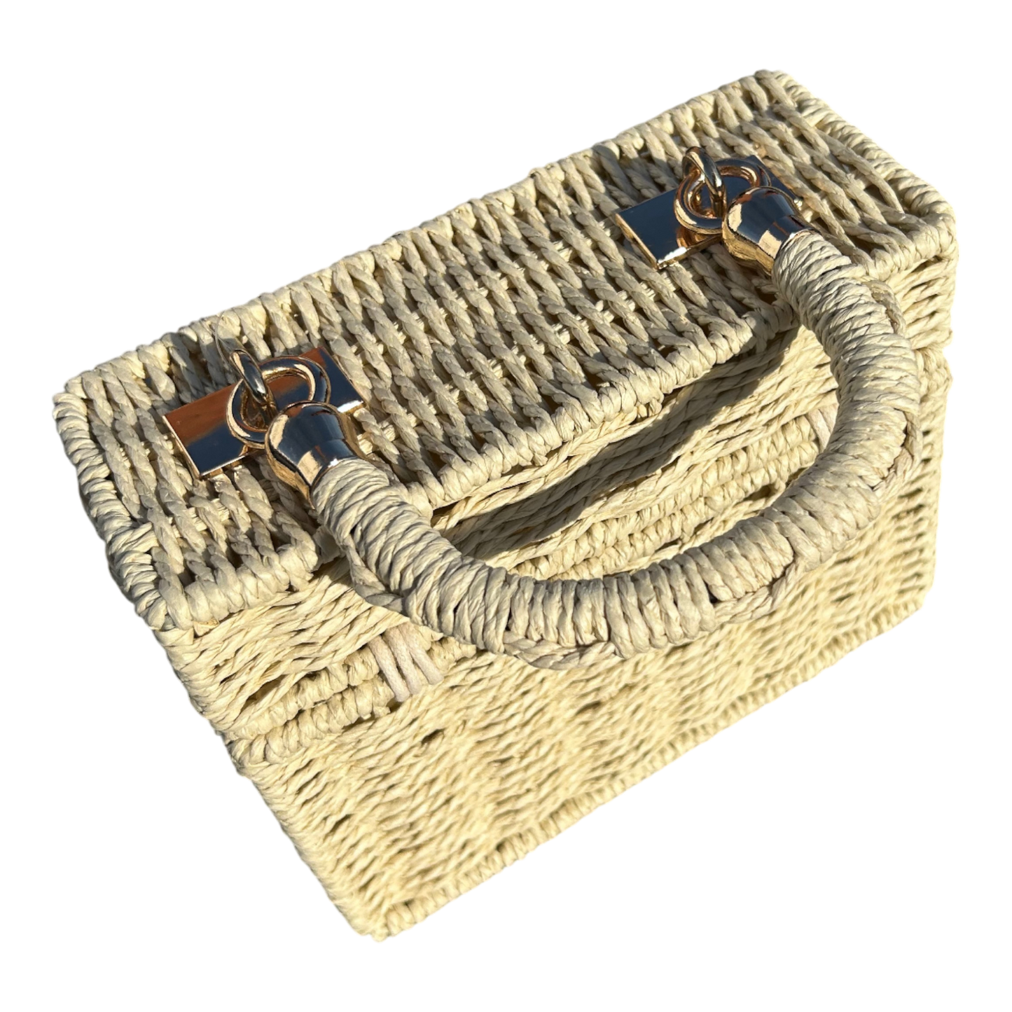 Strohtasche Sand Rechteckig Damen Tasche Sommer Korbtasche Drehverschluss Neu