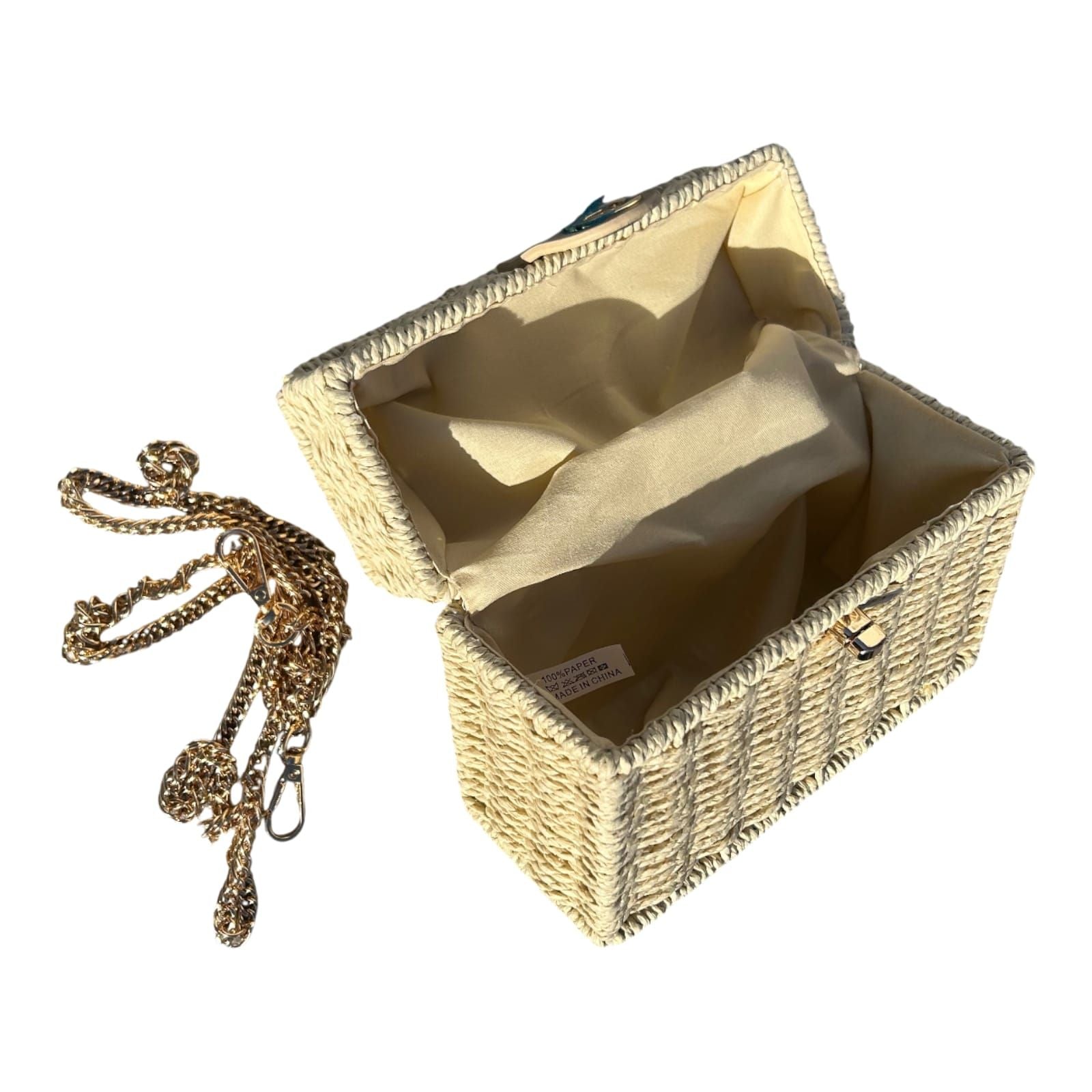 Strohtasche Sand Rechteckig Damen Tasche Sommer Korbtasche Drehverschluss Neu