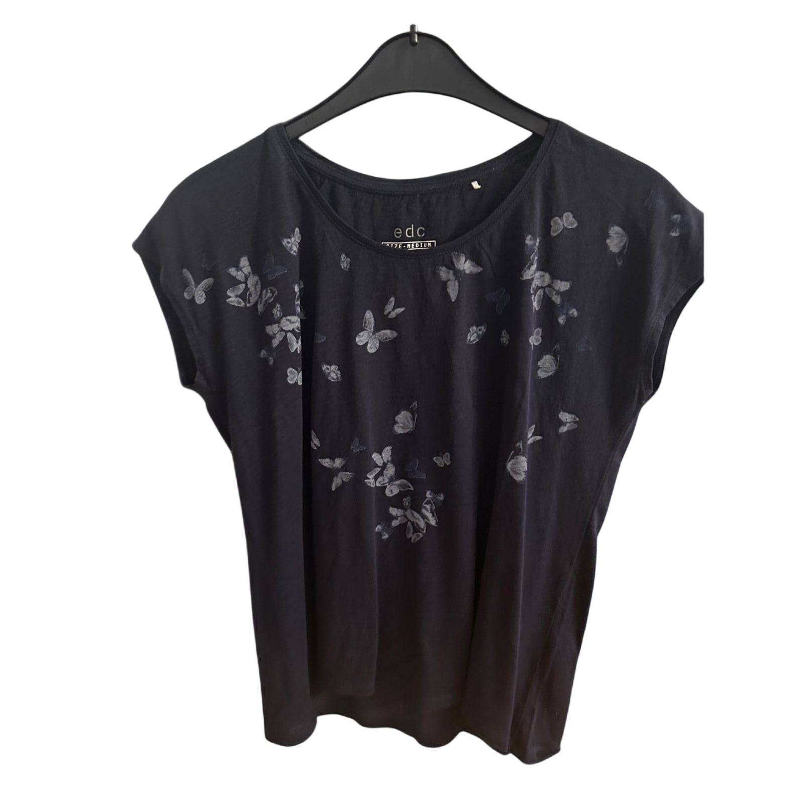 🦋 EDC T-Shirt Damen M – Dunkelblau mit Schmetterlingen 🦋