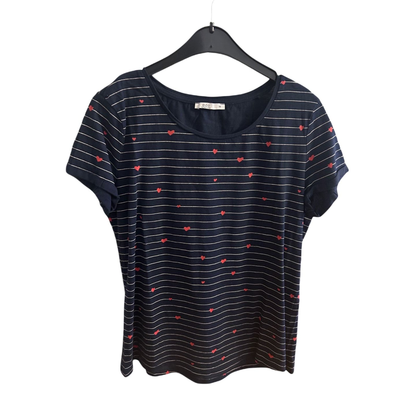💙 EDC T-Shirt Damen M – Blau mit Herzen & Streifen 💙