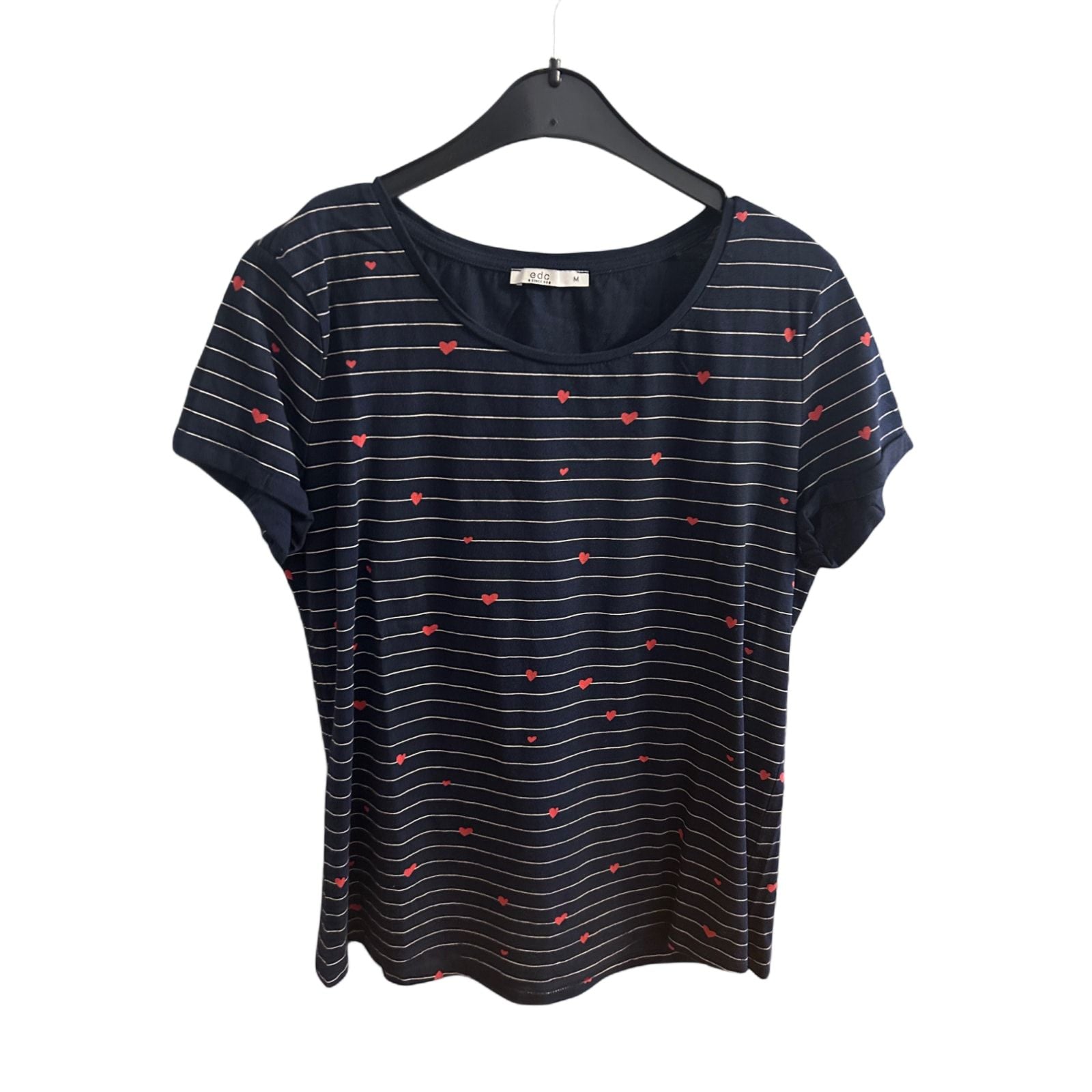 💙 EDC T-Shirt Damen M – Blau mit Herzen & Streifen 💙