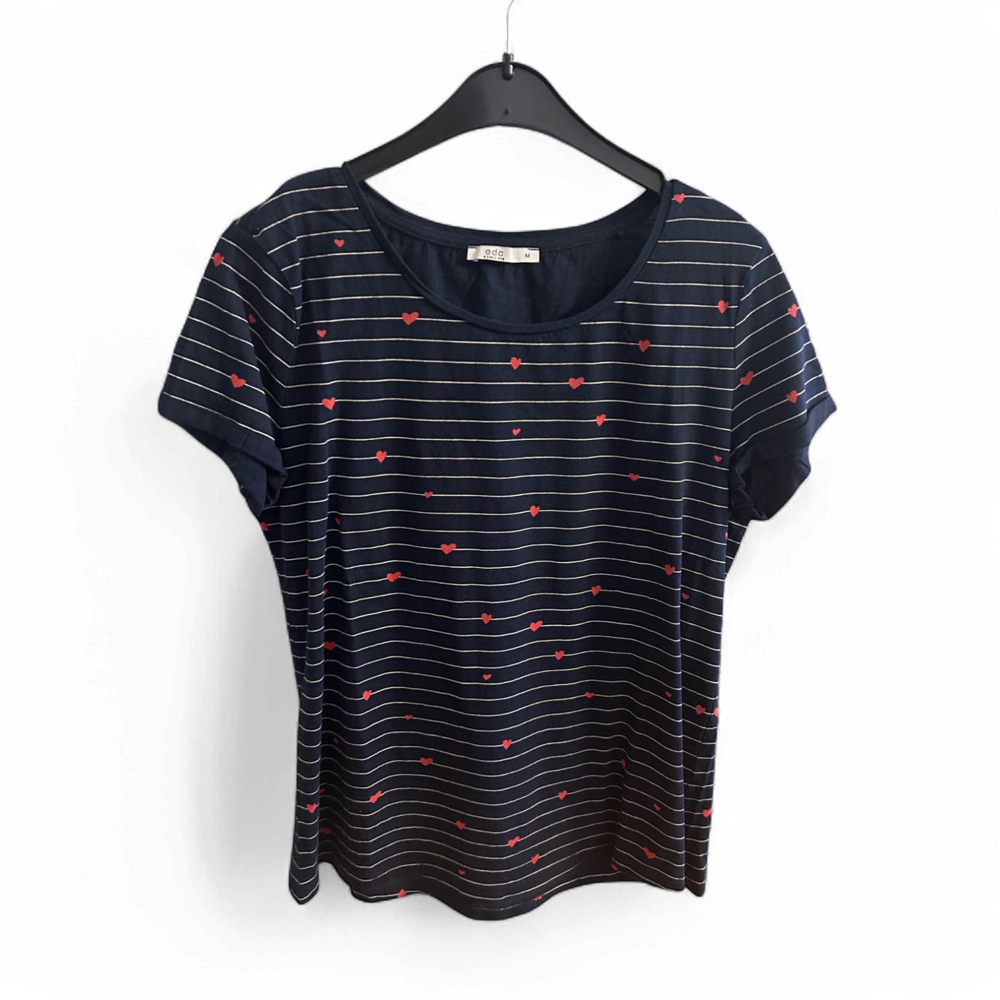 💙 EDC T-Shirt Damen M – Blau mit Herzen & Streifen 💙