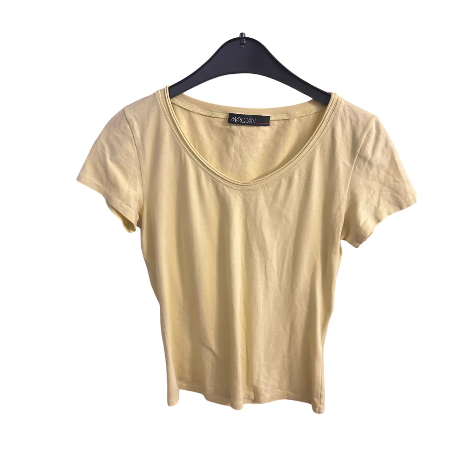 Marc Cain T Shirt Damen Oberteil Gr. M Gelbgrün Baumwolle Stretch Guter Zustand