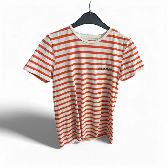 🧡 Cross Jeans T-Shirt M – Streifen & Stickerei "Toi et moi" 🧡