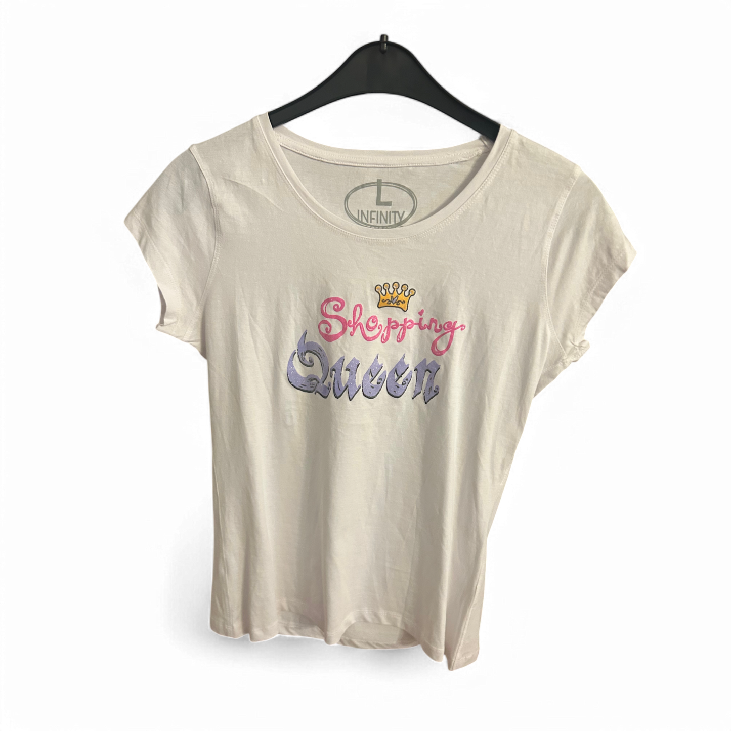 🛍️ Infinity Shirt Damen L Weiß – „Shopping Queen“ 👑