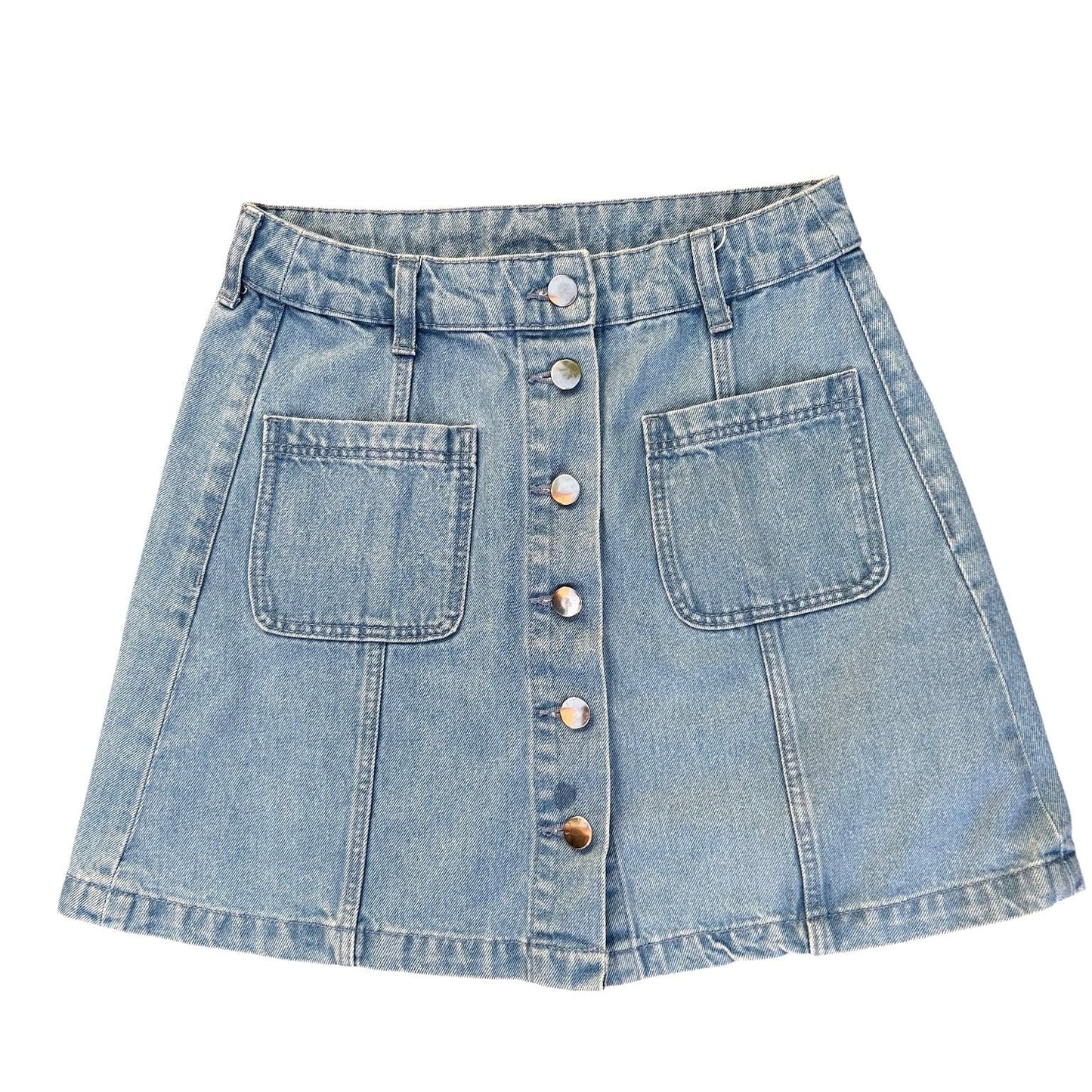 H&M Jeansrock Damen Gr 36 Denim Mini mit Taschen Knopfleiste blau Sommer Casual