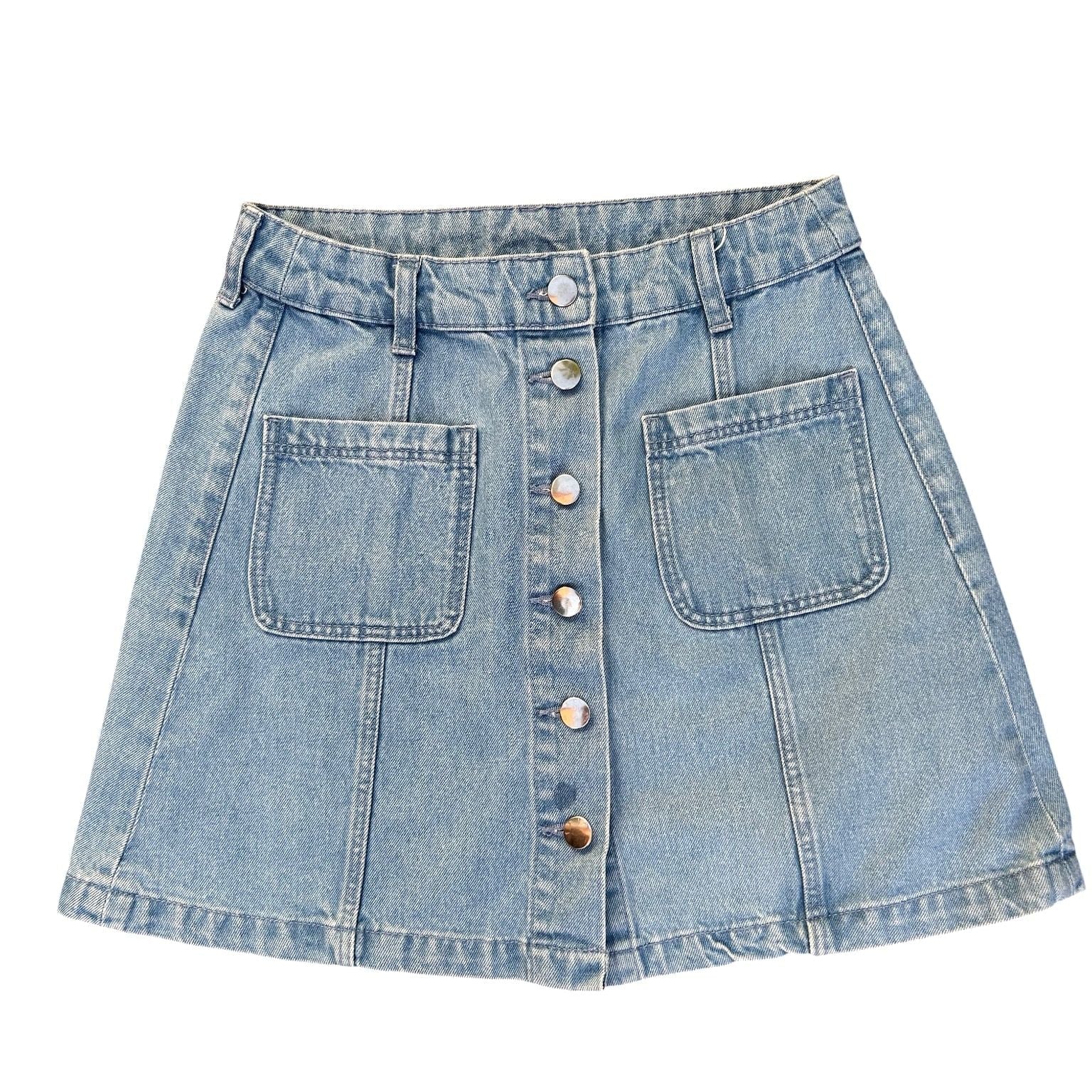 H&M Jeansrock Damen Gr 36 Denim Mini mit Taschen Knopfleiste blau Sommer Casual