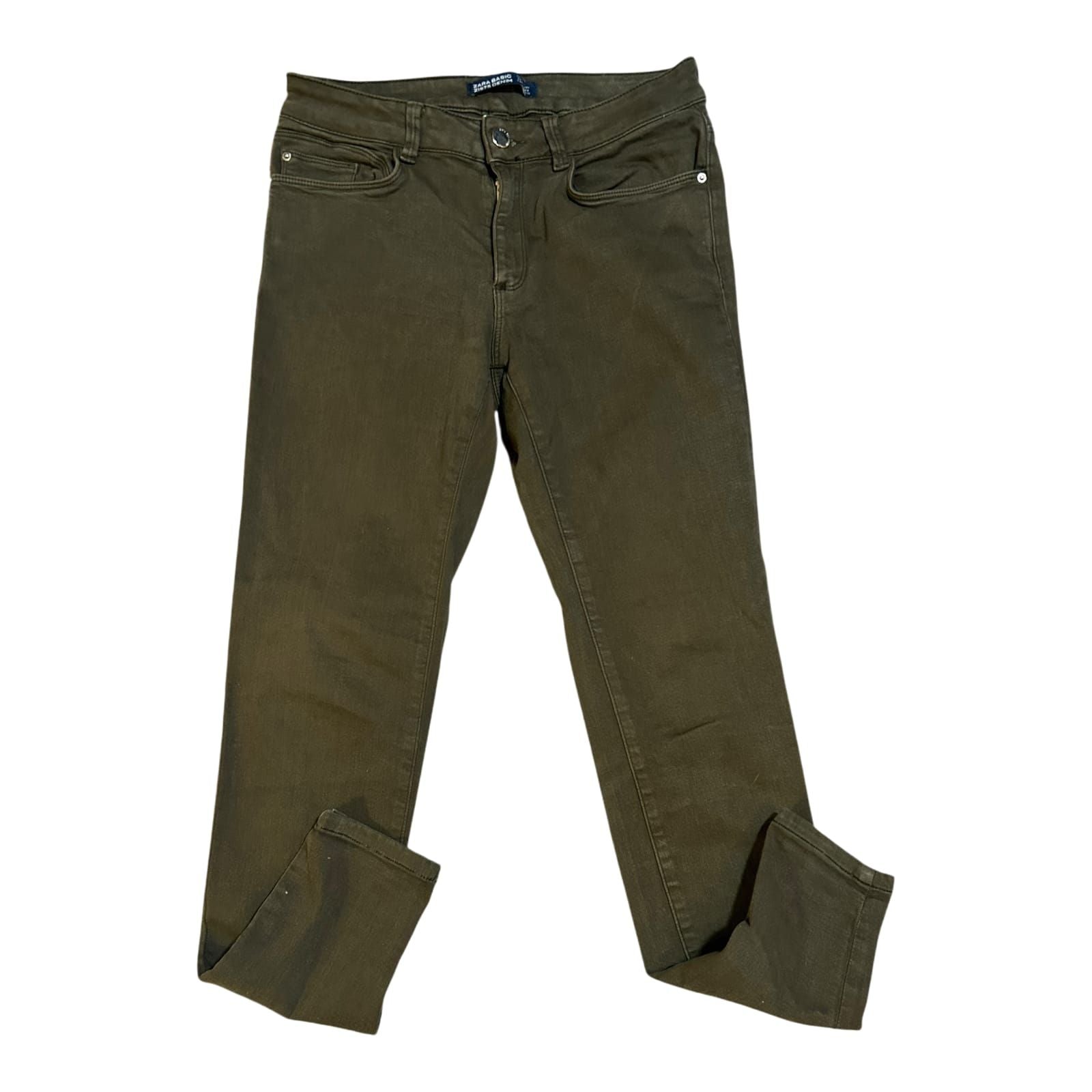 Zara Jeans Damen Hose Gr 36 Khaki Denim Stretch Schmaler Schnitt Modern