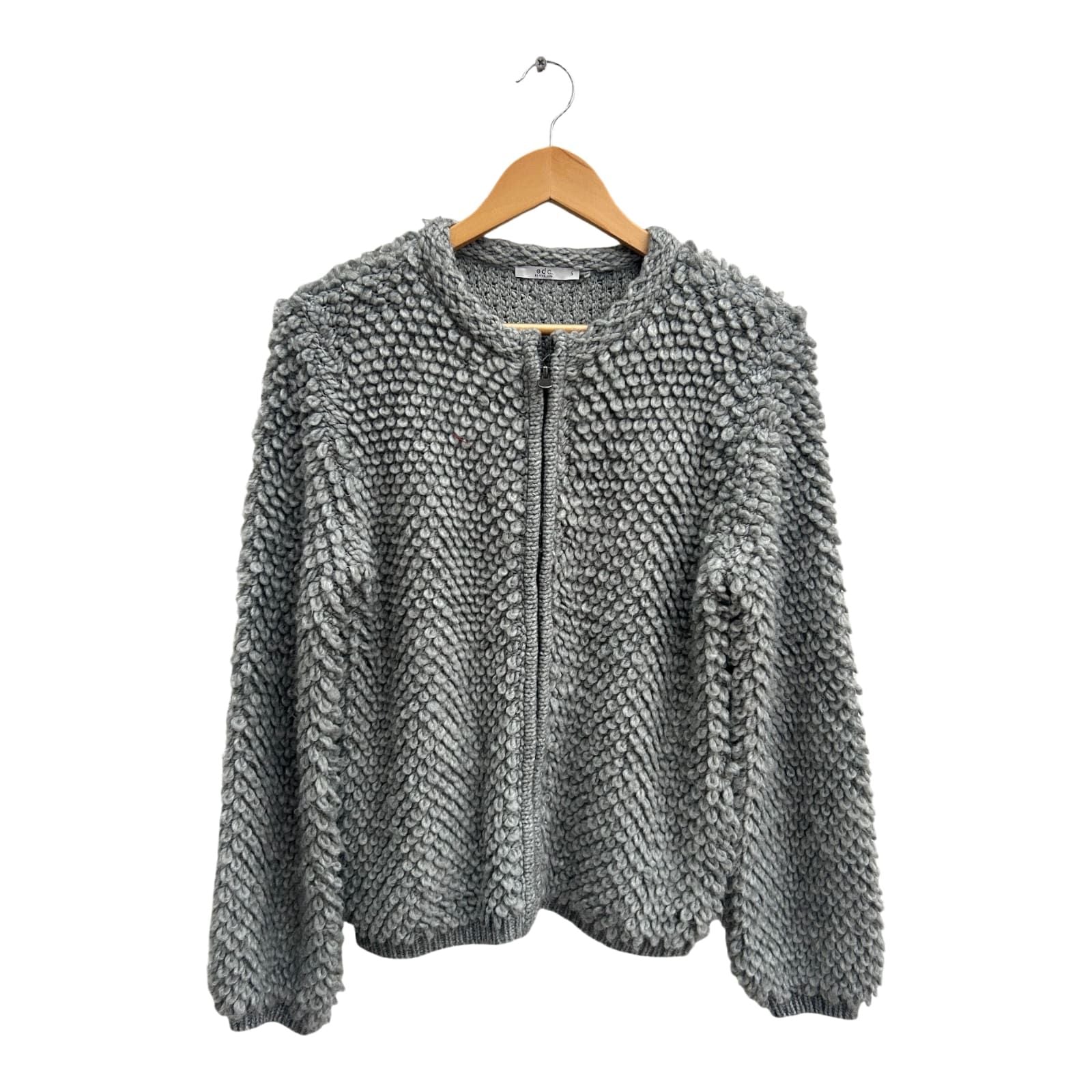 edc Strickjacke Damen Gr S Grau Flauschig Zopfmuster Reißverschluss Wolle Alpaka