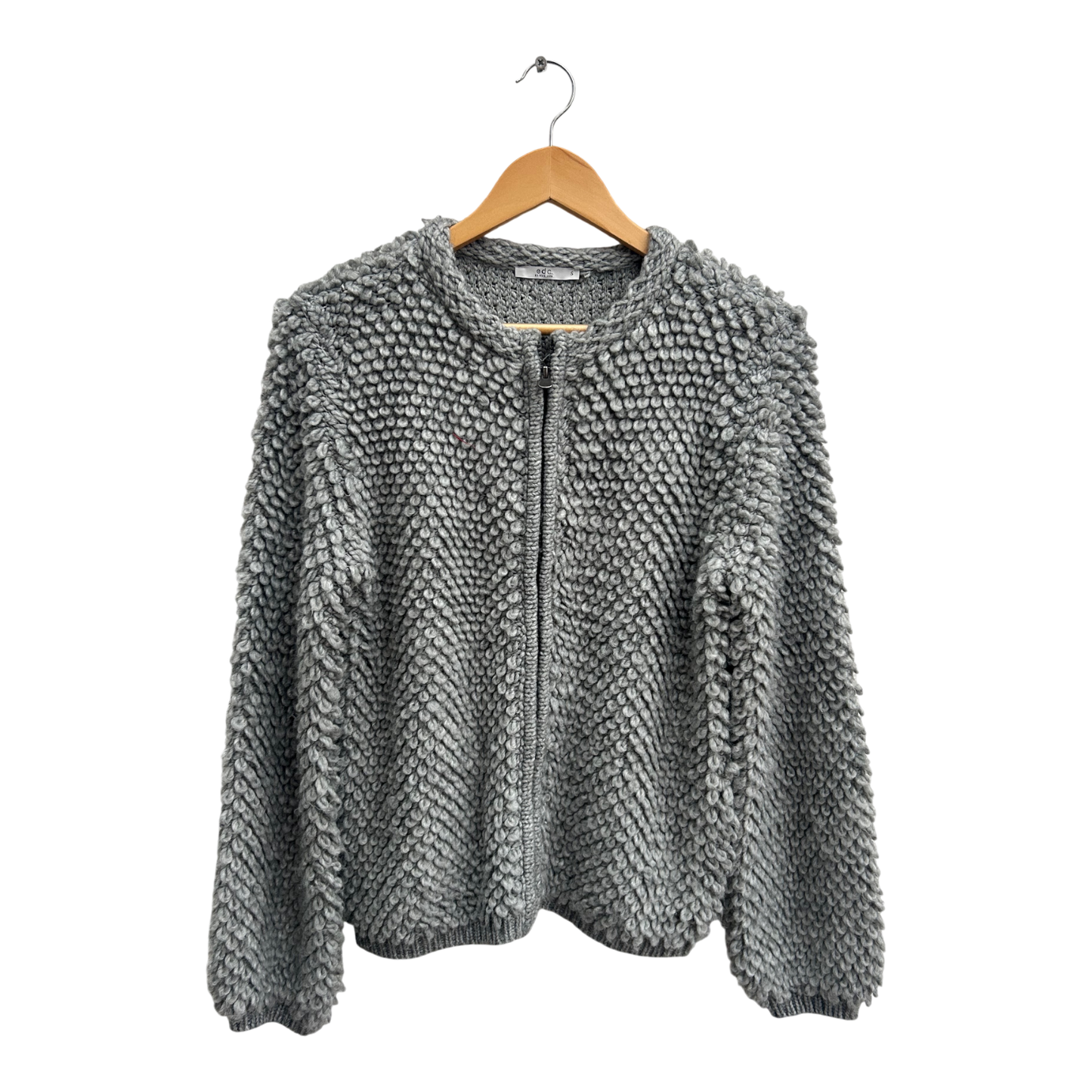 edc Strickjacke Damen Gr S Grau Flauschig Zopfmuster Reißverschluss Wolle Alpaka