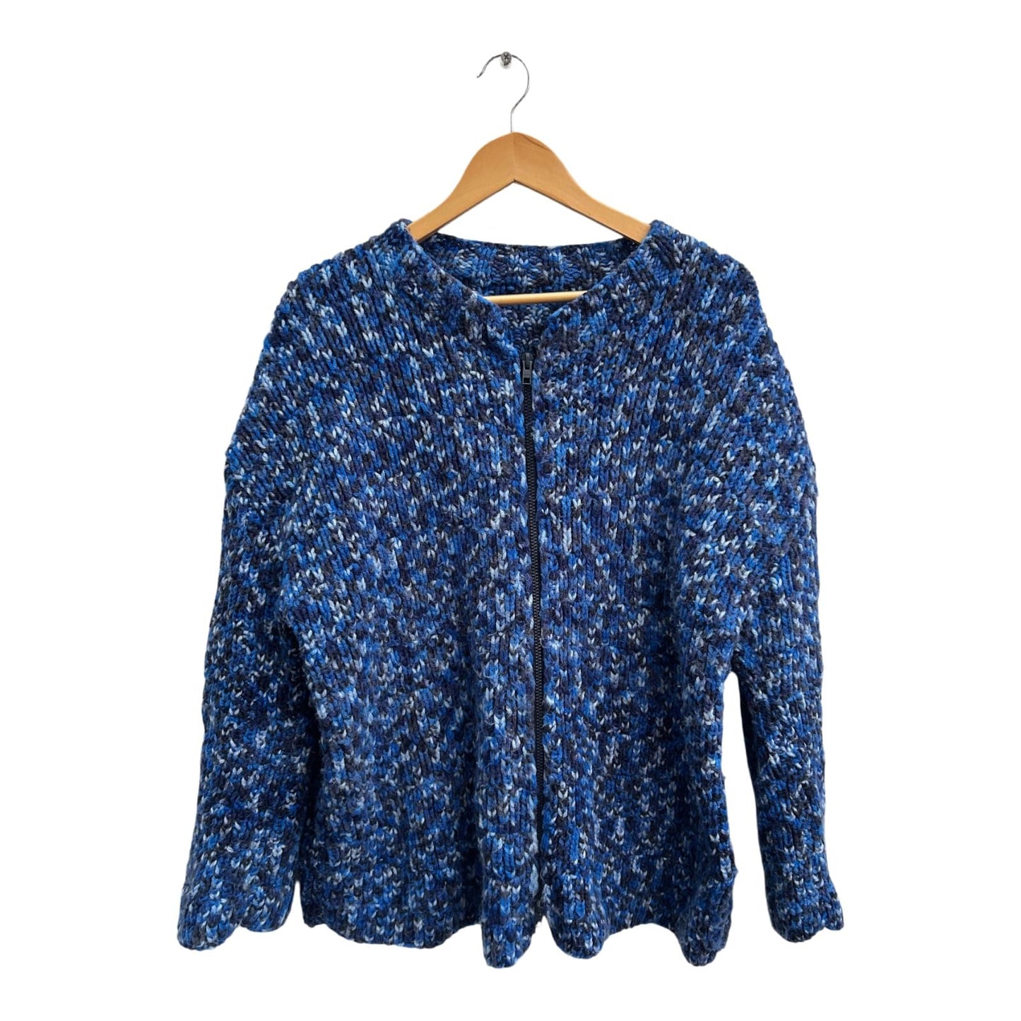 Handgestrickte Strickjacke Damen Blau Meliert Reißverschluss Wollmix Warm Gr 42 44