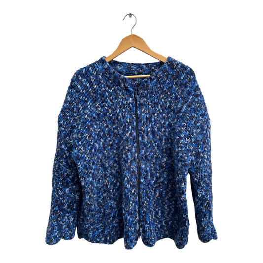 Handgestrickte Strickjacke Damen Blau Meliert Reißverschluss Wollmix Warm Gr 42 44