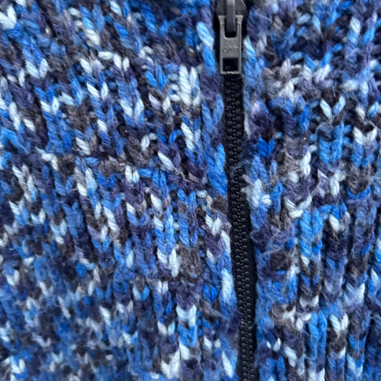 Handgestrickte Strickjacke Damen Blau Meliert Reißverschluss Wollmix Warm Gr 42 44