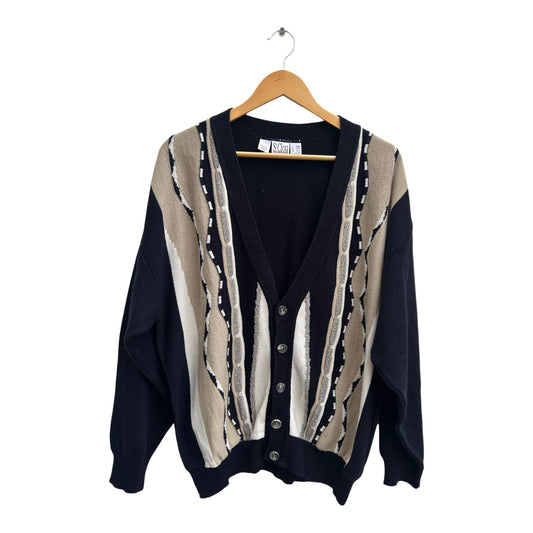 St Clou Strickjacke Herren Gr 52 L Schwarz Beige Vintage Retro Cardigan Wolle Mix