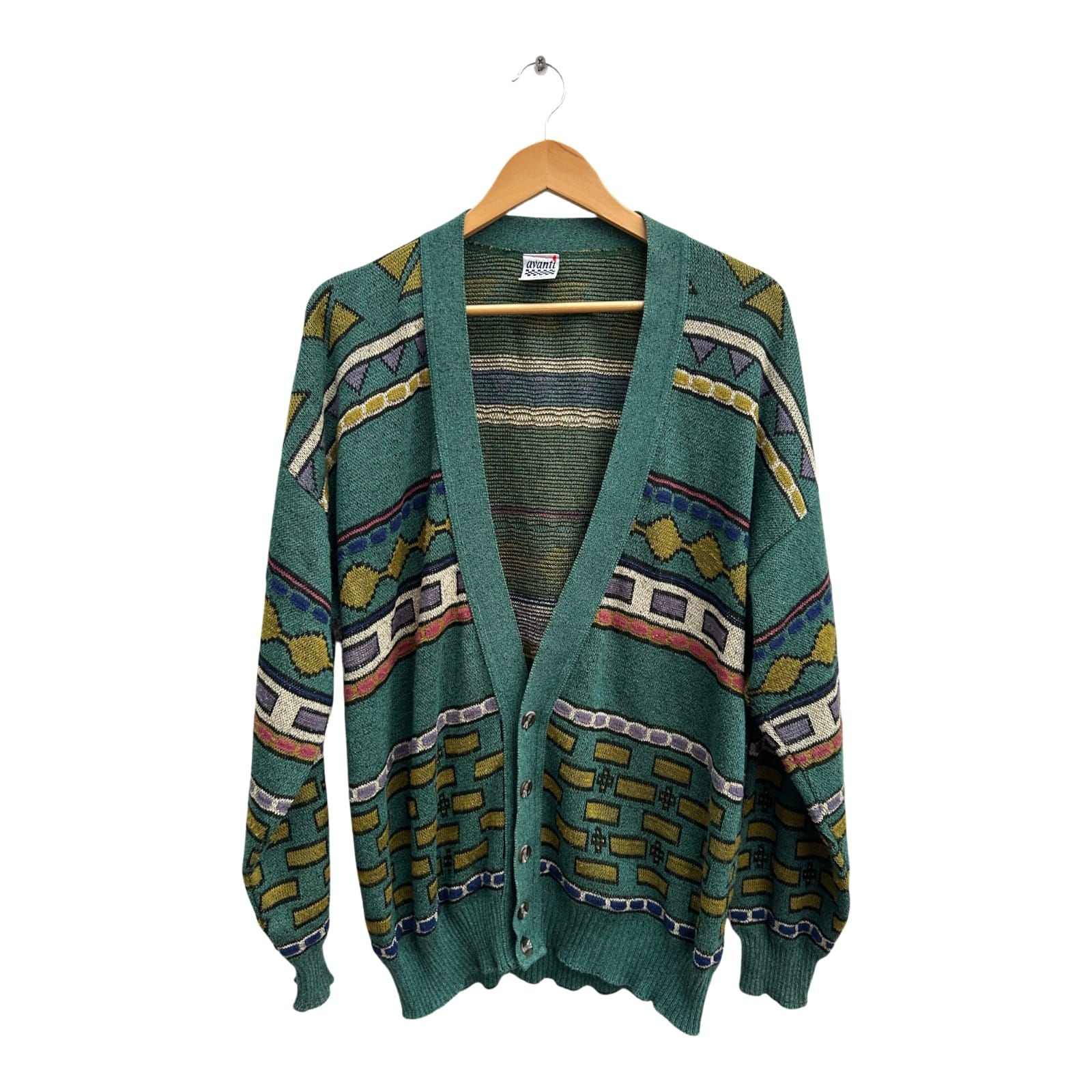 Avanti Strickjacke Herren Gr 52 L Grün Bunt Vintage 80er Retro Muster Baumwolle Mix