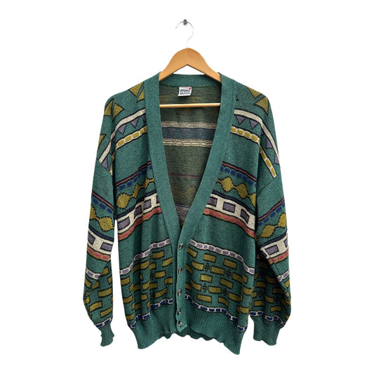 Avanti Strickjacke Herren Gr 52 L Grün Bunt Vintage 80er Retro Muster Baumwolle Mix