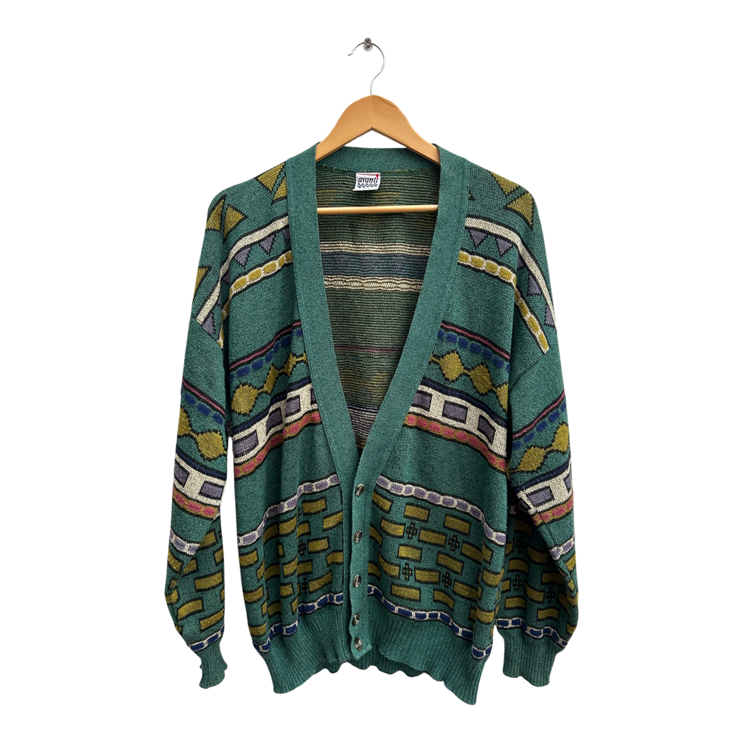 Avanti Strickjacke Herren Gr 52 L Grün Bunt Vintage 80er Retro Muster Baumwolle Mix