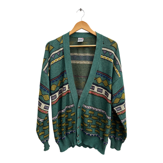 Avanti Strickjacke Herren Gr 52 L Grün Bunt Vintage 80er Retro Muster Baumwolle Mix