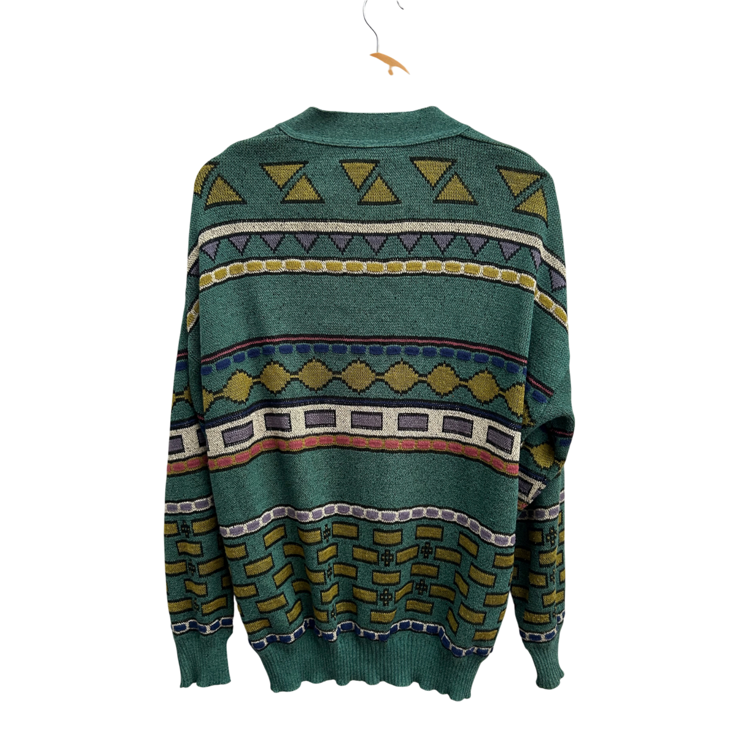 Avanti Strickjacke Herren Gr 52 L Grün Bunt Vintage 80er Retro Muster Baumwolle Mix