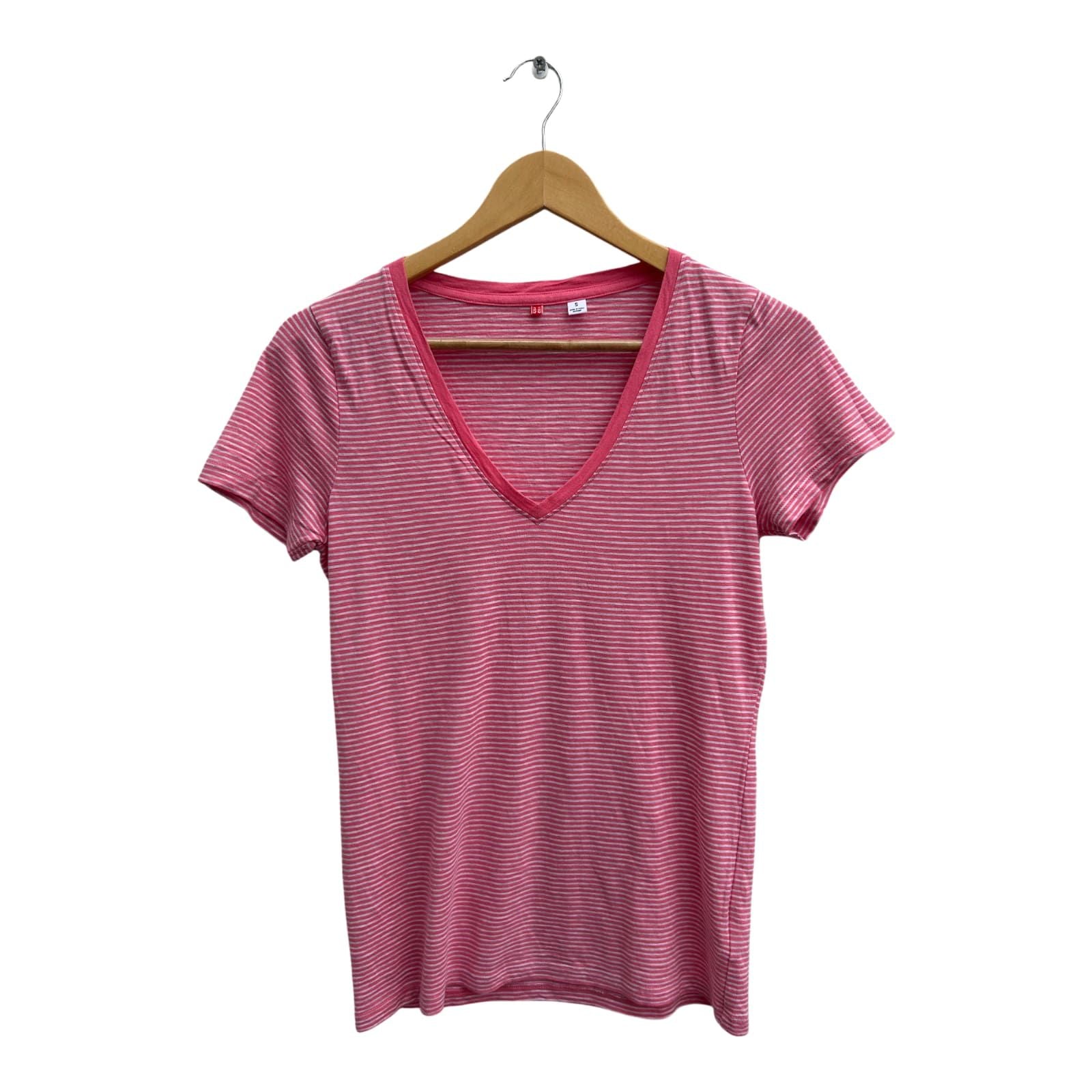 Uniqlo Shirt Damen Gr S Rosa Gestreift Viskose Baumwolle Kurzarm V-Ausschnitt