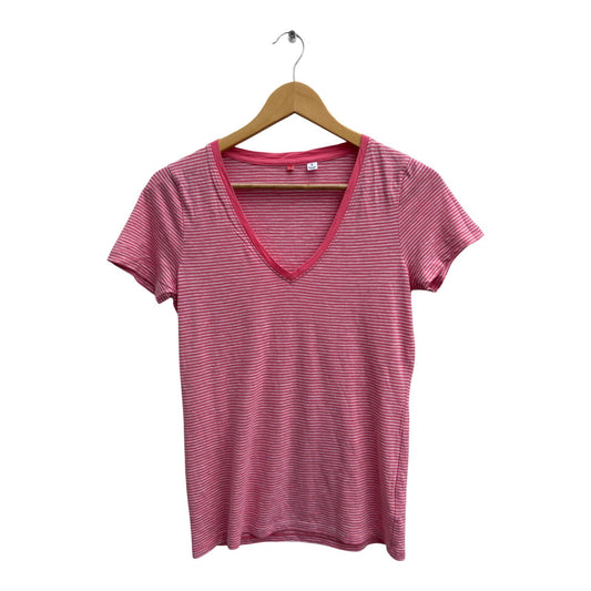 Uniqlo Shirt Damen Gr S Rosa Gestreift Viskose Baumwolle Kurzarm V-Ausschnitt