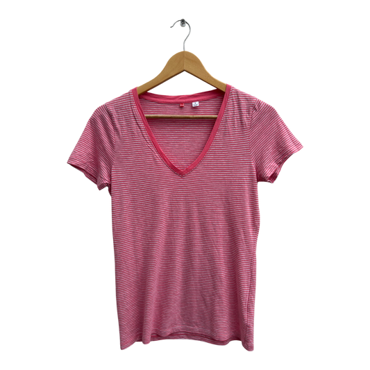 Uniqlo Shirt Damen Gr S Rosa Gestreift Viskose Baumwolle Kurzarm V-Ausschnitt