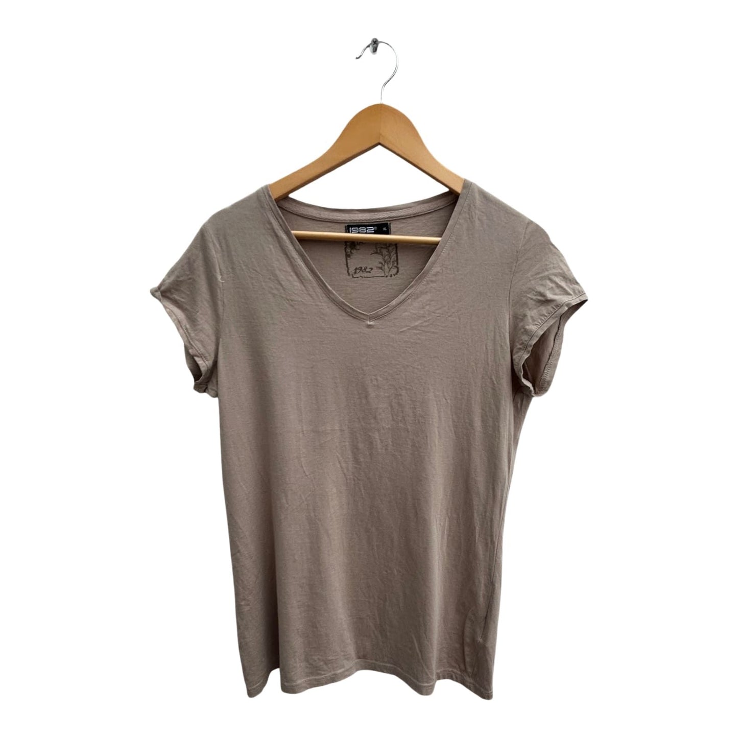 1982 Shirt Damen Gr XL Beige Baumwolle Kurzarm V-Ausschnitt Basic Casual