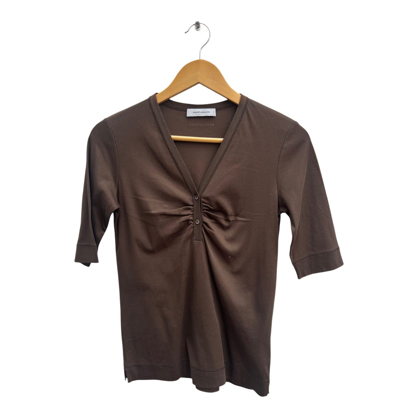 Rene Lezard Shirt Damen Gr S Braun Baumwolle Kurzarm V-Ausschnitt Elegant Chic