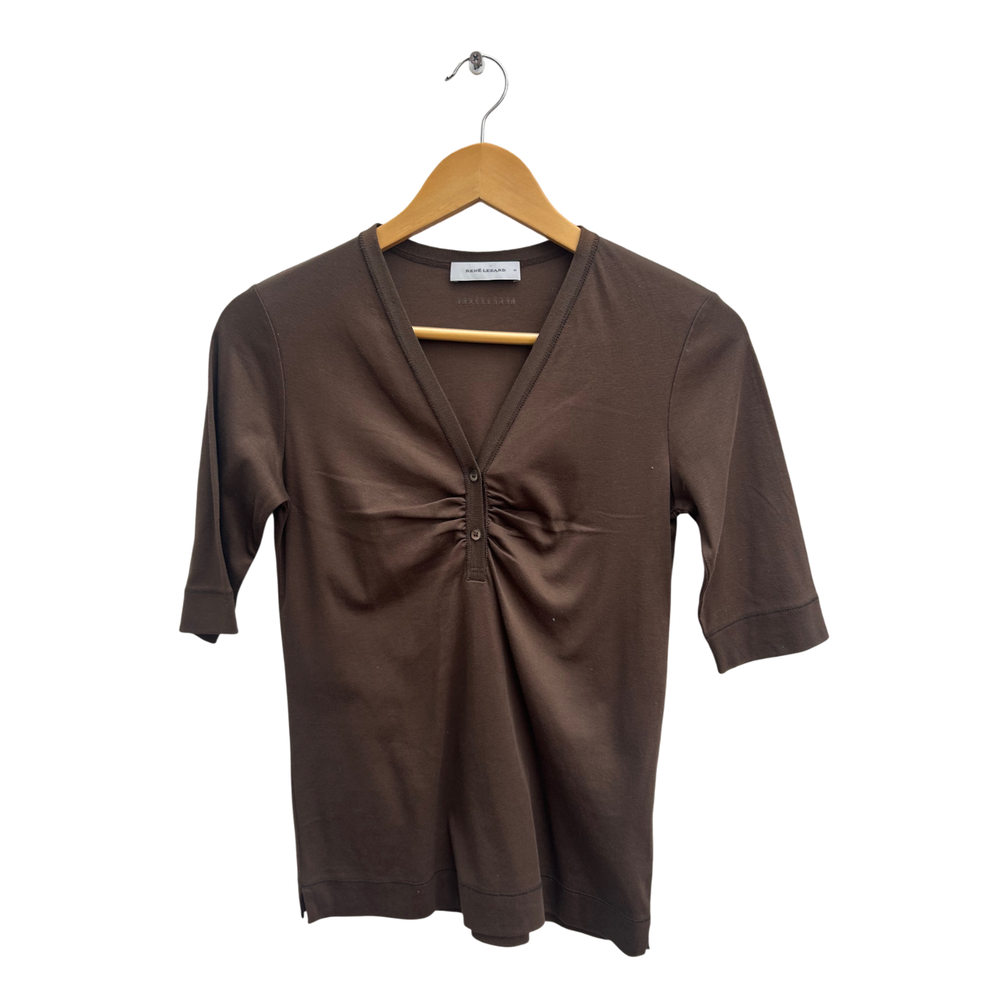 Rene Lezard Shirt Damen Gr S Braun Baumwolle Kurzarm V-Ausschnitt Elegant Chic