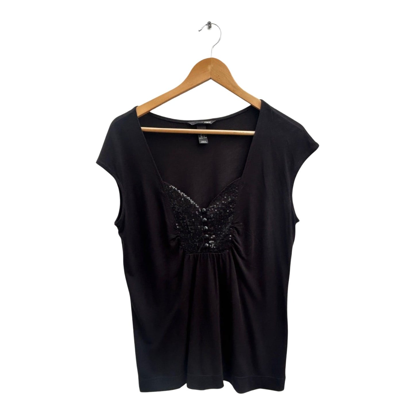 H&M Shirt Damen Gr L Schwarz Baumwolle Pailetten Kurzarm Elegant Party