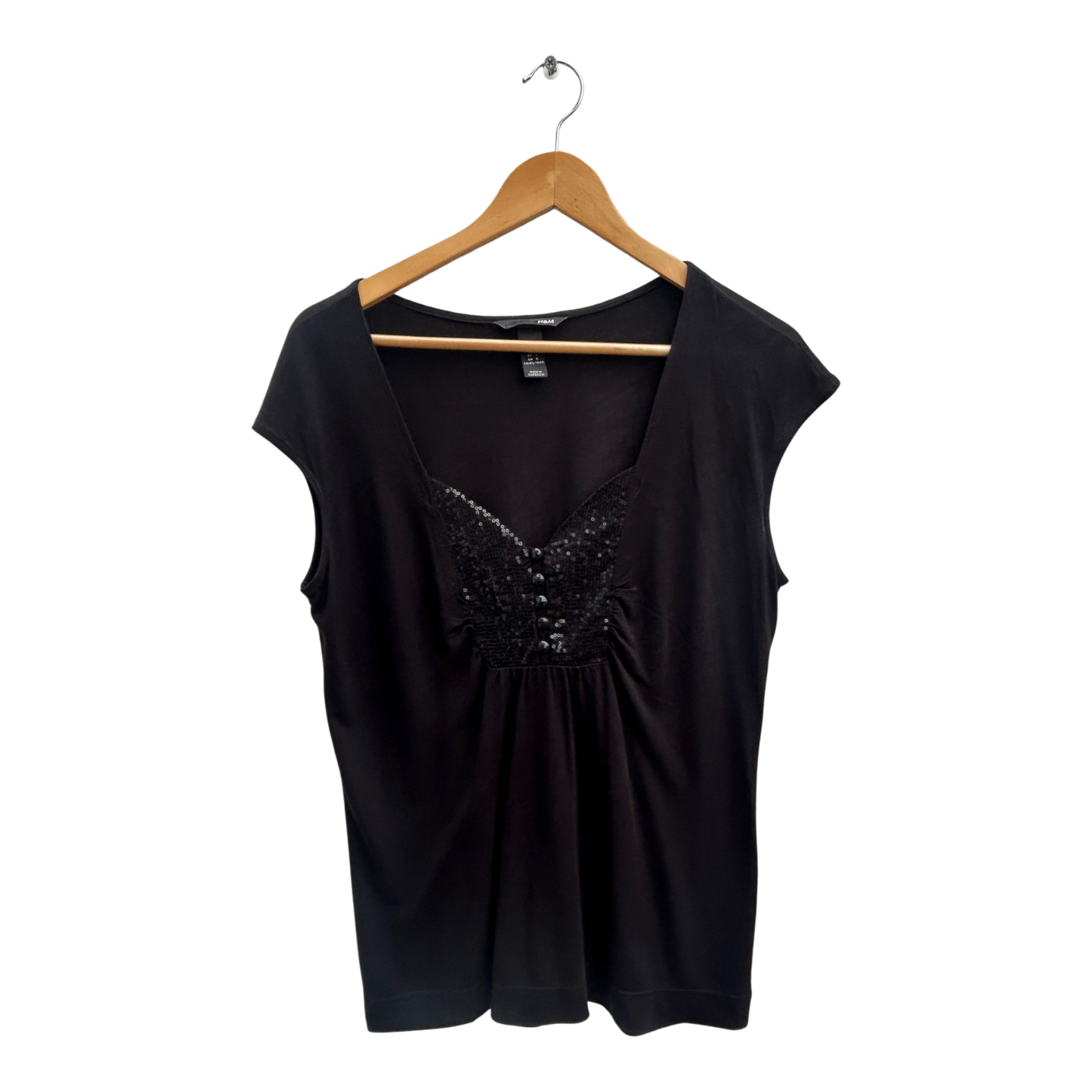 H&M Shirt Damen Gr L Schwarz Baumwolle Pailetten Kurzarm Elegant Party