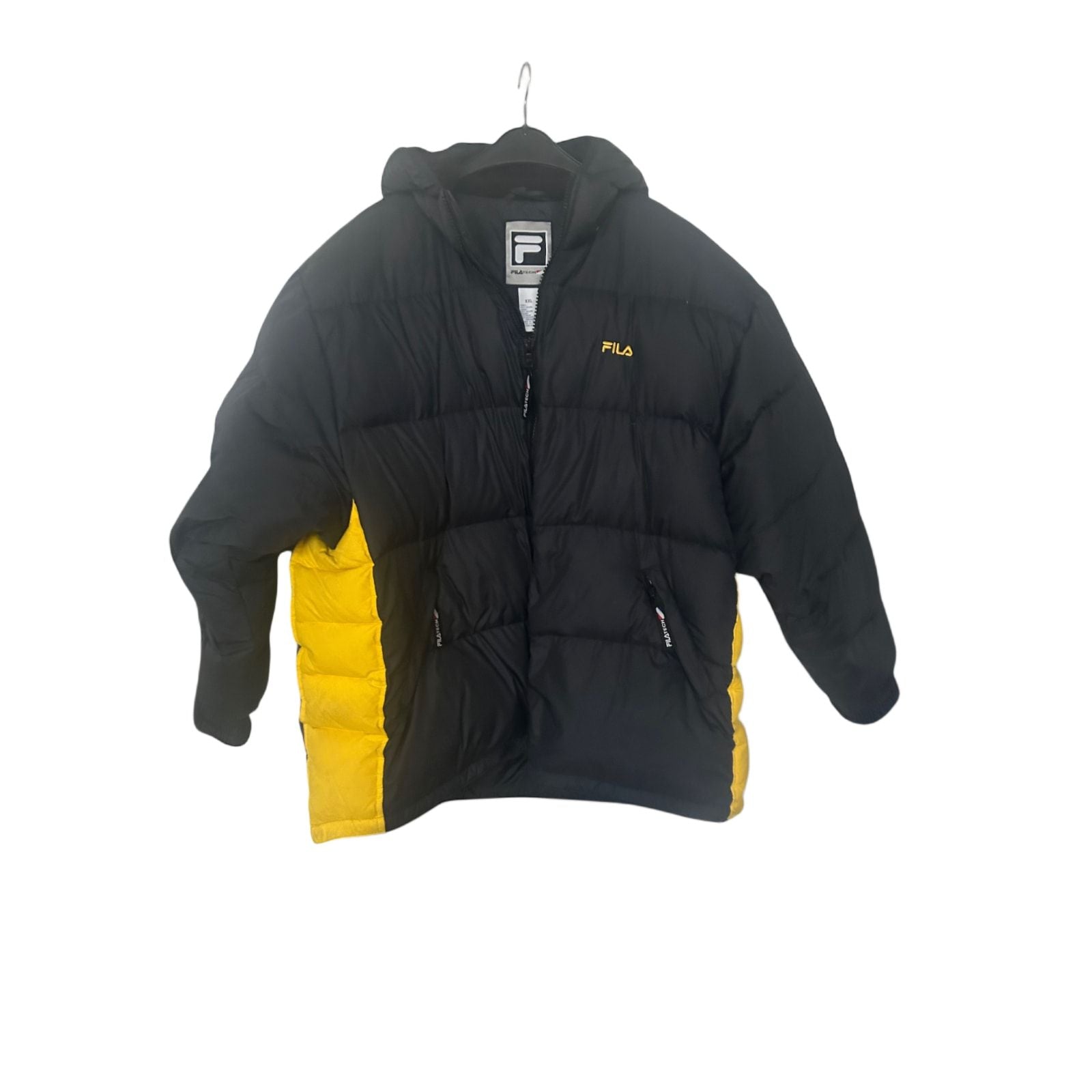 FILA Daunenjacke Herren Gr XXL Schwarz Gelb Warm Leicht Kapuze Winterjacke Stylisch