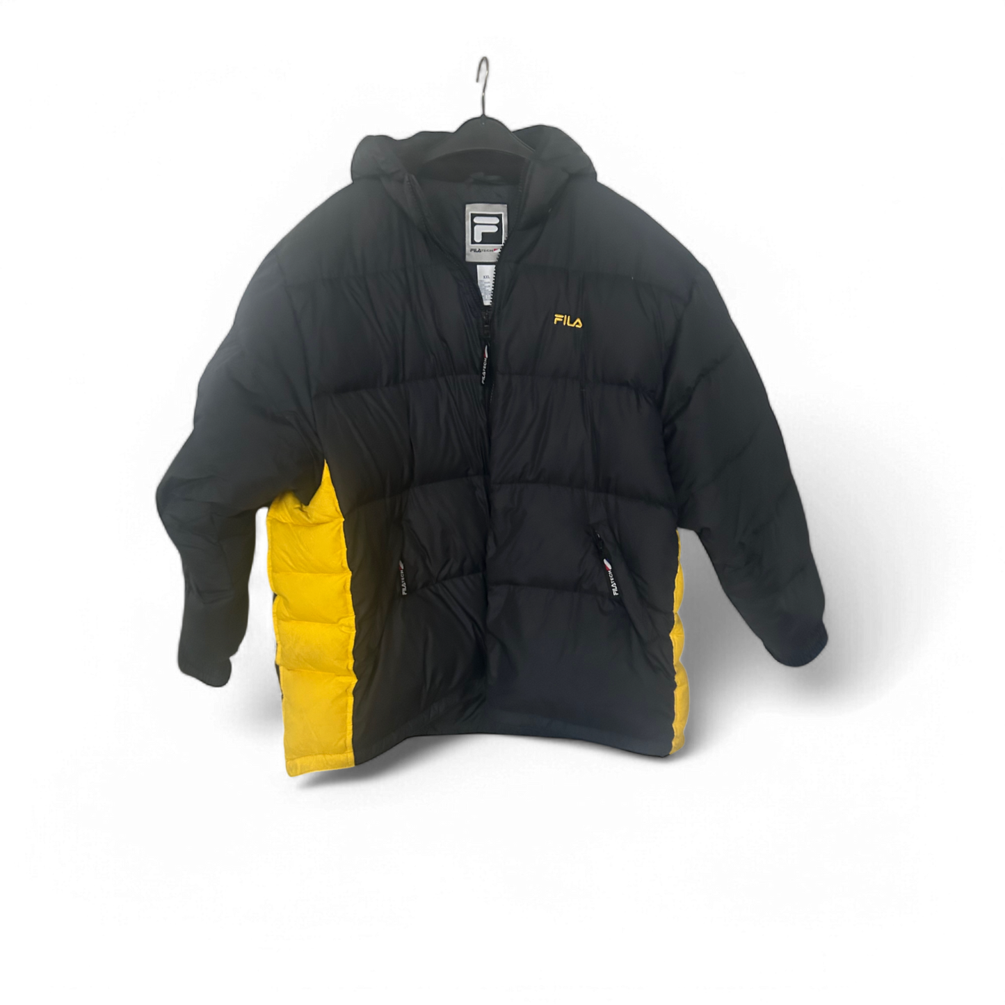 FILA Daunenjacke Herren Gr XXL Schwarz Gelb Warm Leicht Kapuze Winterjacke Stylisch