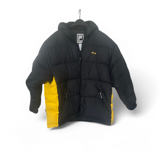 FILA Daunenjacke Herren Gr XXL Schwarz Gelb Warm Leicht Kapuze Winterjacke Stylisch