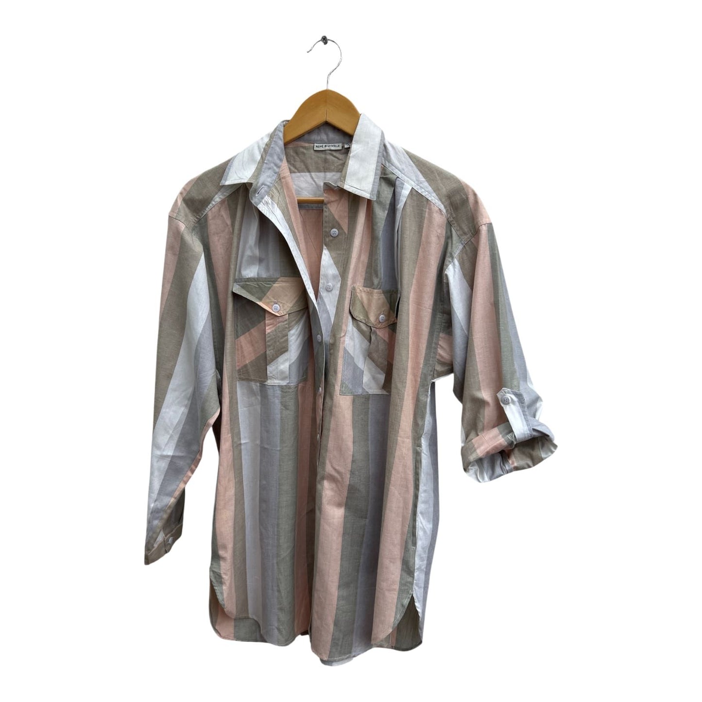 Vintage Bluse Damen Gr 36 Gestreift Langarm 100% Baumwolle Krempelärmel Mehrfarbig