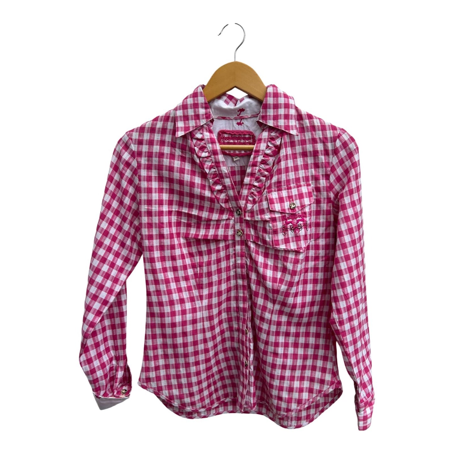Stockerpoint Bluse Damen Gr 36 Karo Pink Weiß Baumwolle Rüschen Trachtenstil