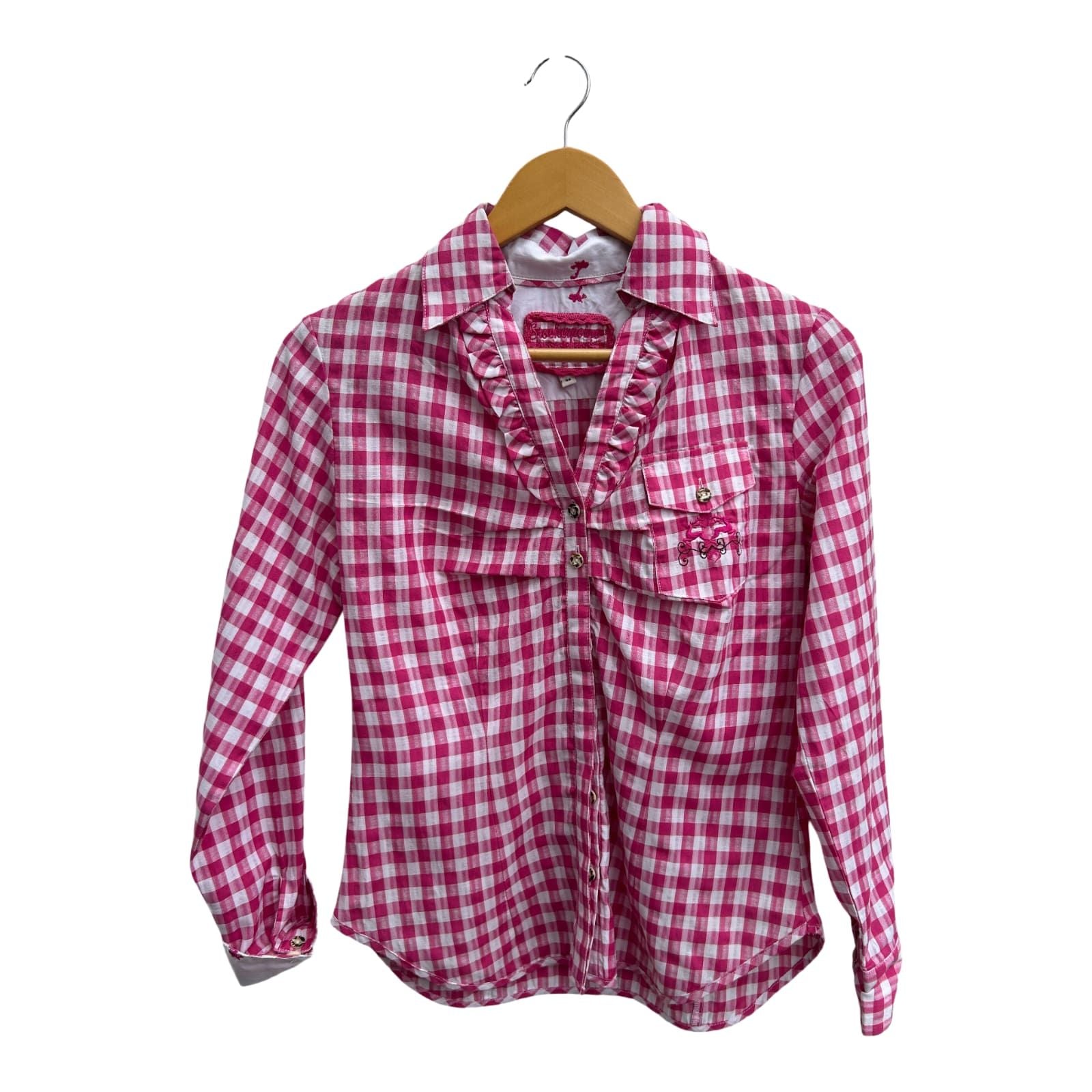 Stockerpoint Bluse Damen Gr 36 Karo Pink Weiß Baumwolle Rüschen Trachtenstil