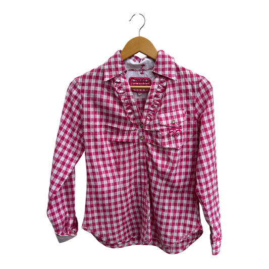Stockerpoint Bluse Damen Gr 36 Karo Pink Weiß Baumwolle Rüschen Trachtenstil