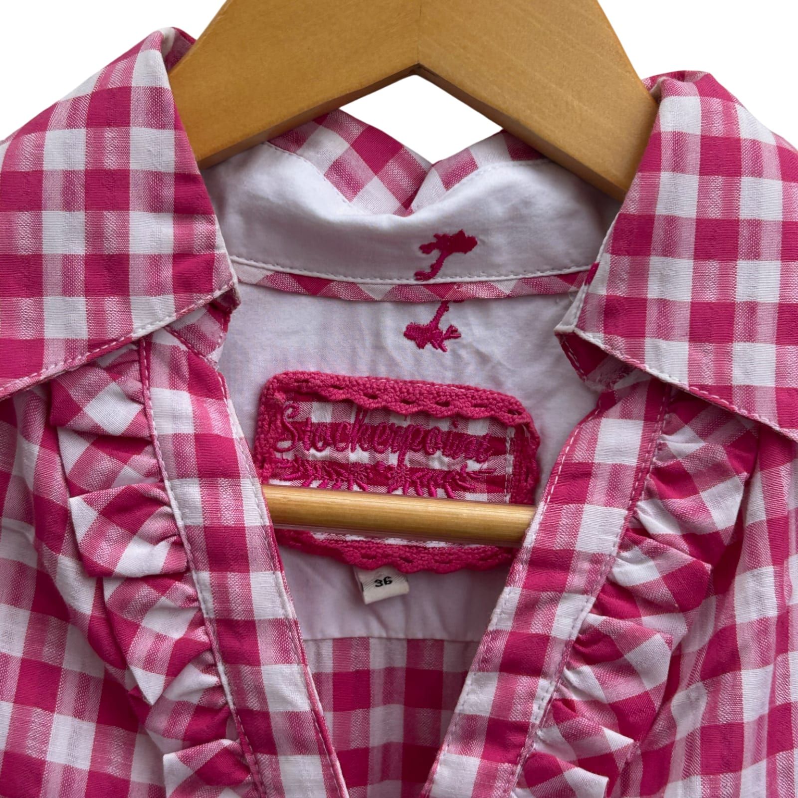 Stockerpoint Bluse Damen Gr 36 Karo Pink Weiß Baumwolle Rüschen Trachtenstil