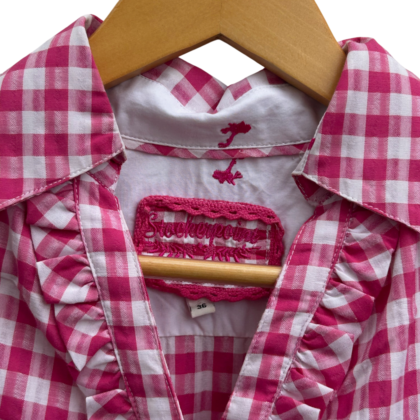 Stockerpoint Bluse Damen Gr 36 Karo Pink Weiß Baumwolle Rüschen Trachtenstil