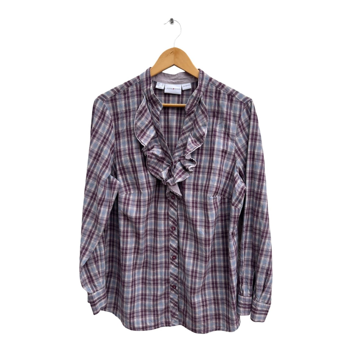 Laura Kent Bluse Damen Gr 46 Kariert 100% Baumwolle Langarm Lila Blau Rüschen